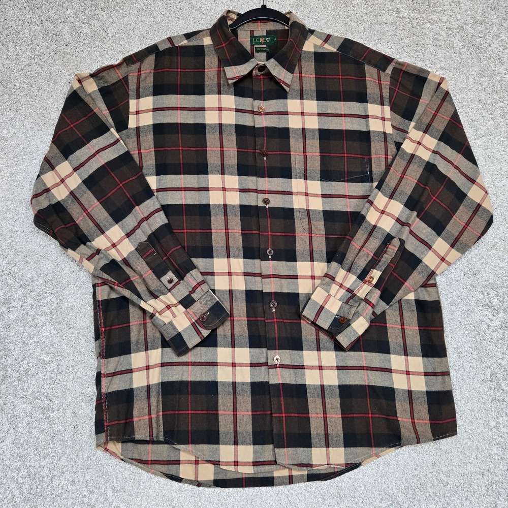 J. Crew Shirt Men Large Green black red beige Plaid Flannel‎ Oarsman